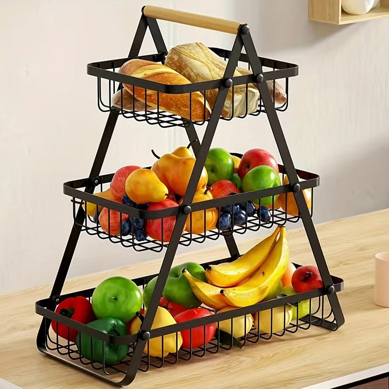 Cesto organizador de frutas multi-capas para cocina, de tres niveles con malla fina. Canasta de almacenamiento portátil y multifuncional para frutas, snacks y uso en el hogar.